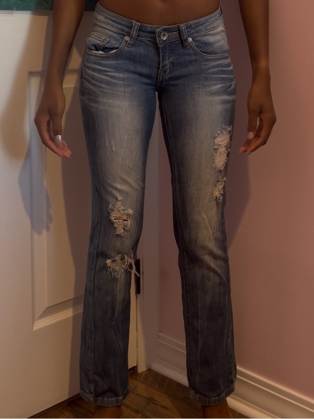 Machine Women's Boot Cut Distressed Jeans - Blue
